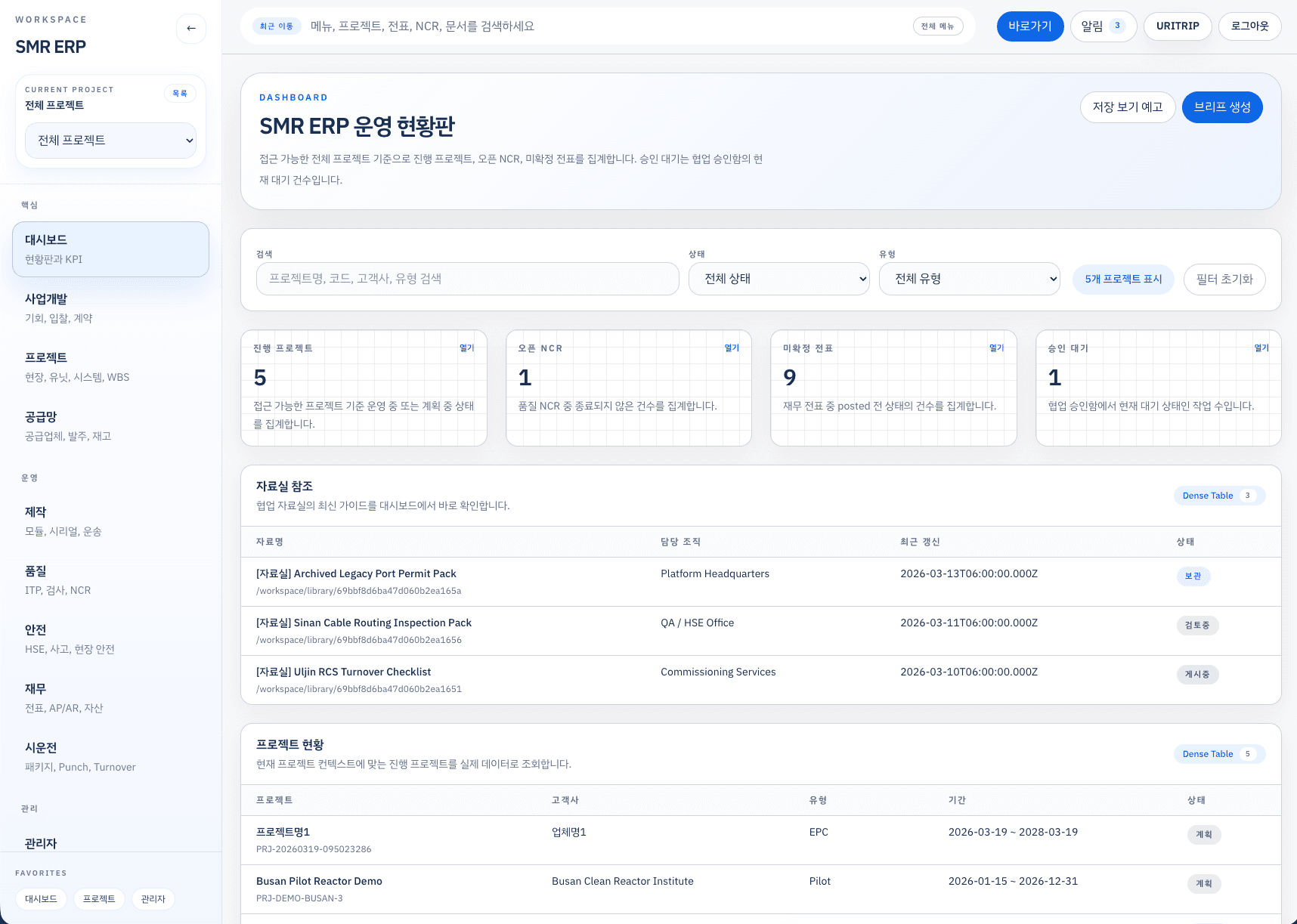 ERP 운영 현황판 화면