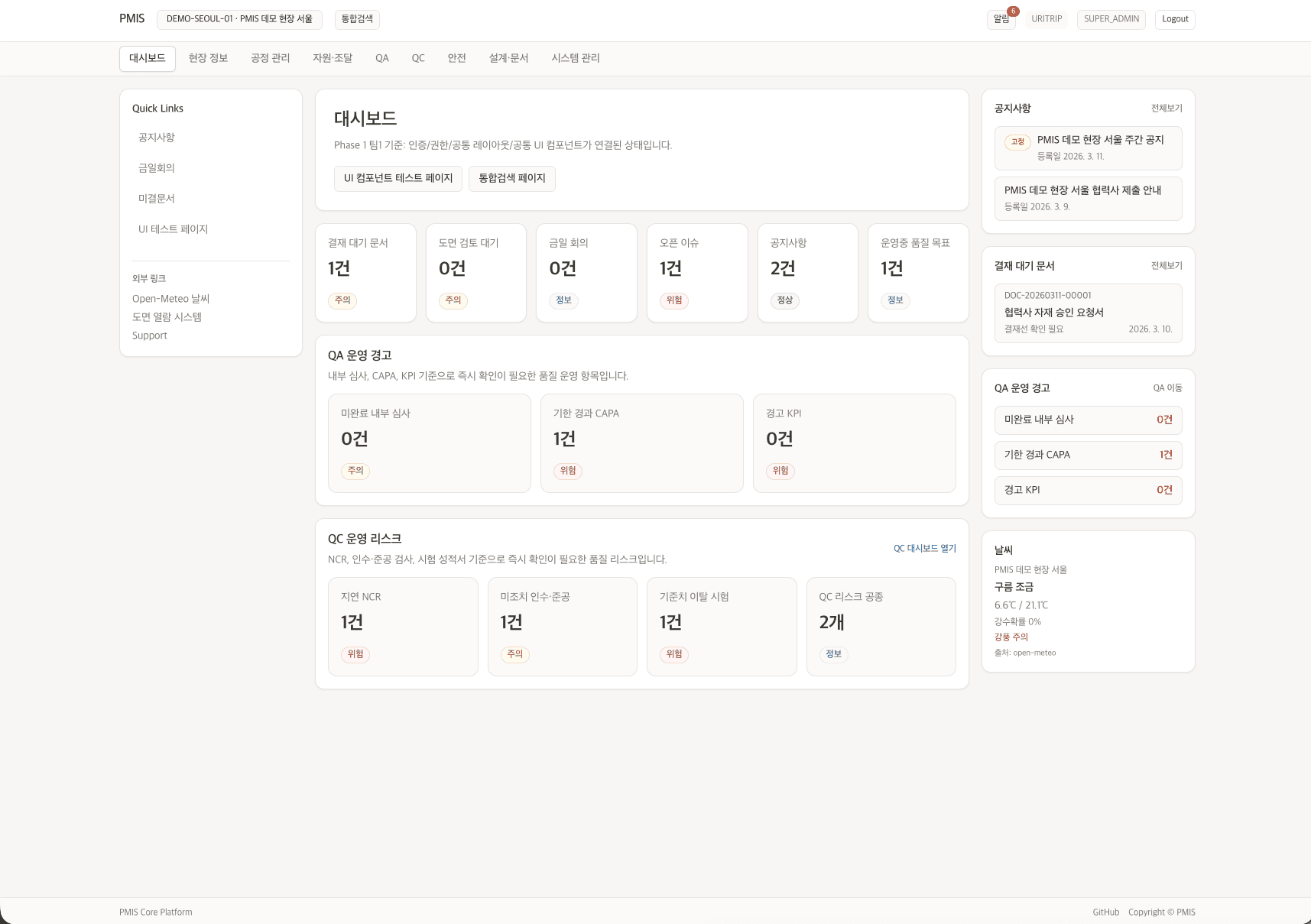 PMIS 대시보드 화면